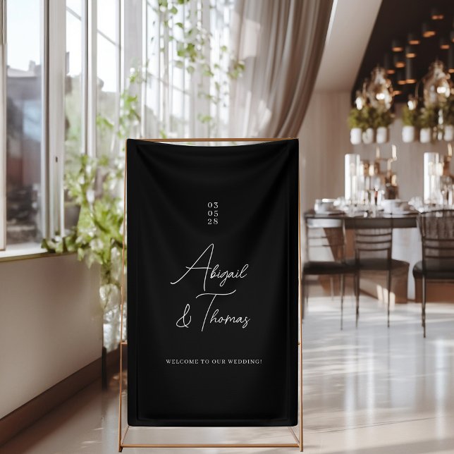 Modern, minimal, black, wedding  banner (Modern, minimal, black "welcome" wedding banner with your name & date.)