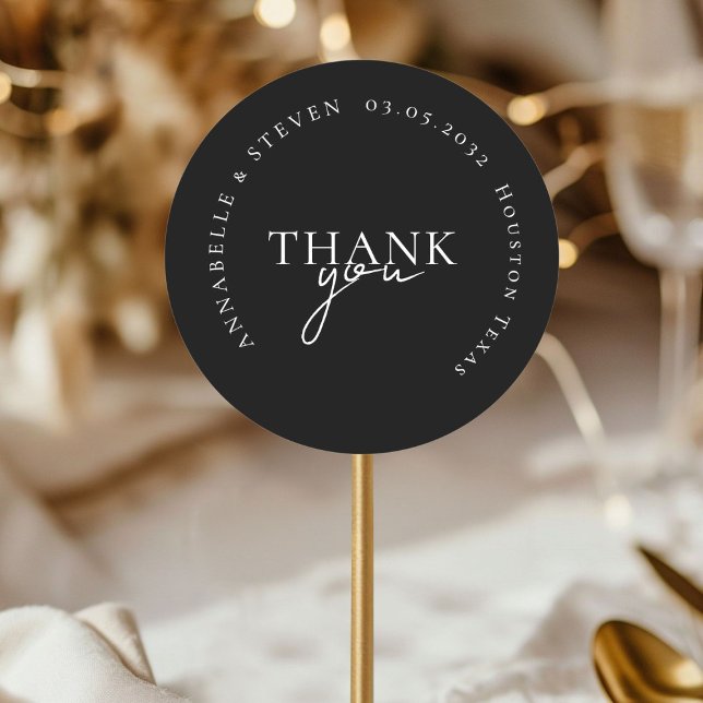 Modern, Minimal, Black, Wedding Classic Round Sticker (THANK YOU! Modern, Minimal, Black, Wedding Classic Round Sticker with your name and date)