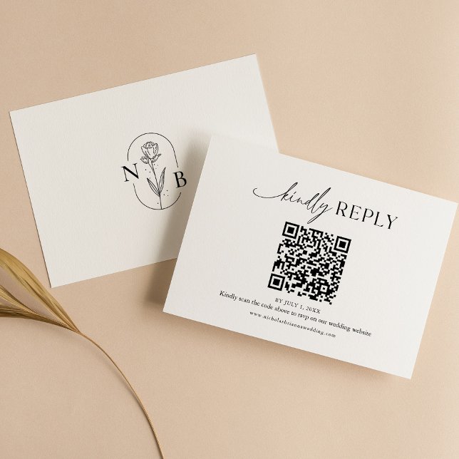 Modern Minimal Black White Boho Wedding QR Code RSVP Card (Creator Uploaded)