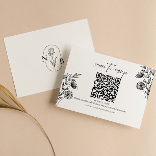 Modern Minimal Black White Floral Wedding QR Code RSVP Card
