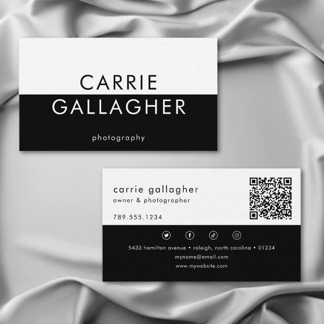 Modern Minimal Black White Geometric Monogram QR Business Card (Modern Minimal Black White Geometric Monogram QR Business Card)