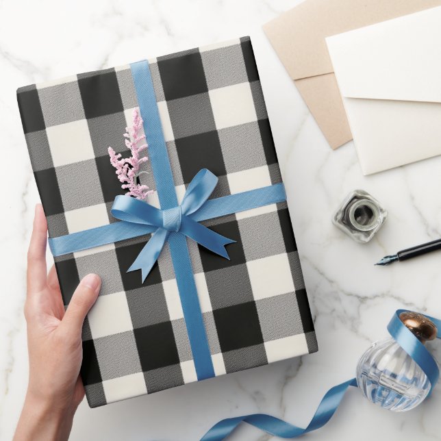 Modern Minimal Black White Gingham Plaid Pattern Wrapping Paper (Gifting)