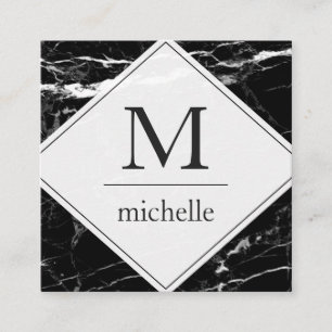 Modern Minimal Black White Marble Monogram Logo Square Business Card