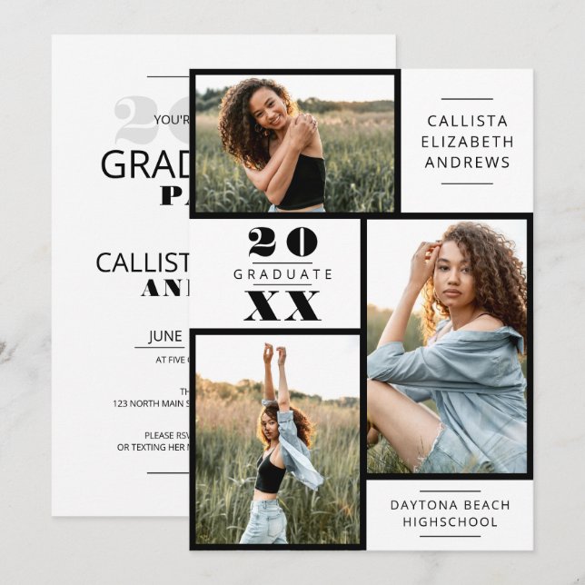Modern Minimal Black White Photo Grid Graduation I Invitation (Front/Back)