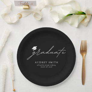 Modern Minimal Black White Script Graduation Party Paper Plate