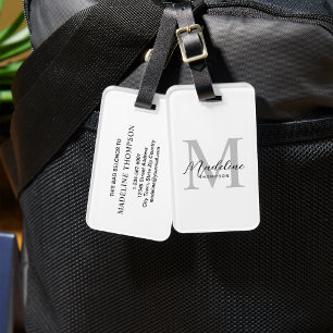 Modern Minimal Black White Script Grey Monogram Luggage Tag