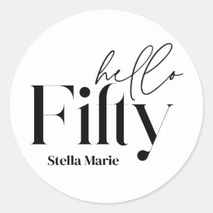 Modern minimal black white simple 50th birthday classic round sticker
