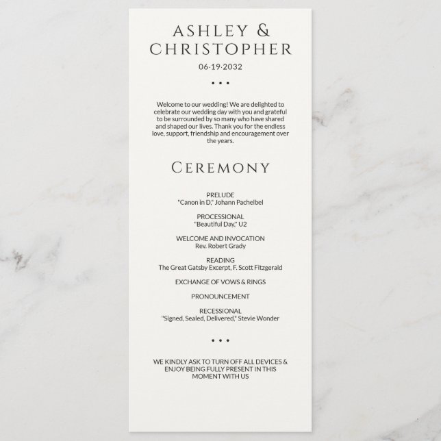 Modern Minimal Black & White Wedding Ceremony Program (Front)
