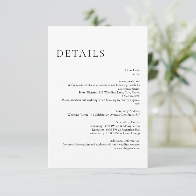 Modern Minimal Black & White Wedding Details Enclosure Card (Standing Front)