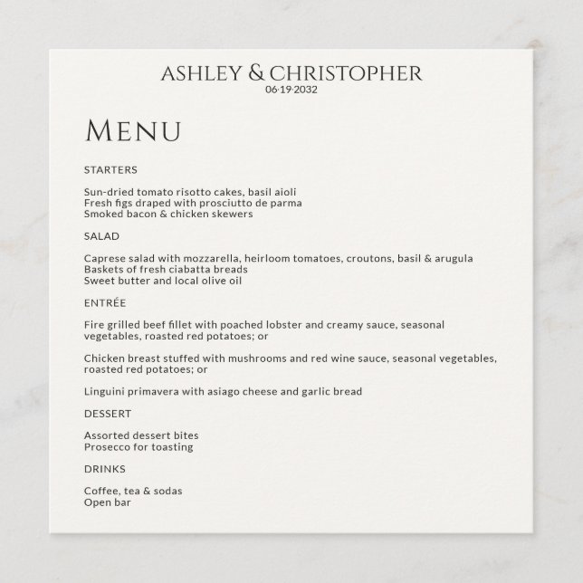 Modern Minimal Black & White Wedding Reception Menu (Front)