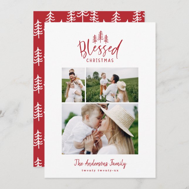 Modern minimal blessed Christmas rustic 3 photo Holiday Card (Front/Back)