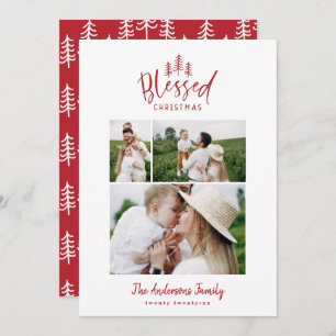 Modern minimal blessed Christmas rustic 3 photo Holiday Card