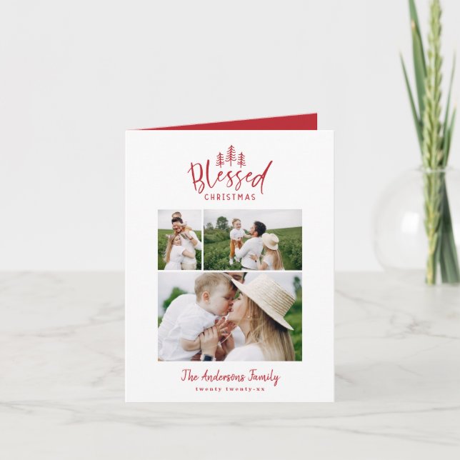 Modern minimal blessed christmas rustic multiphoto holiday card (Front)