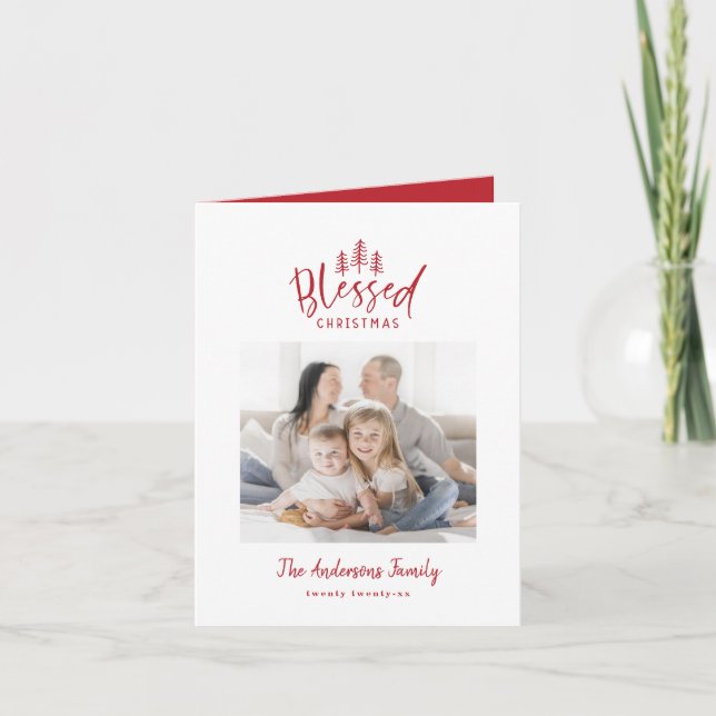Modern minimal blessed Christmas rustic photo Holiday Card (Front)