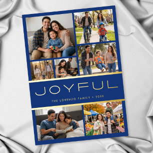 Modern Minimal Blue 7 Photo Collage Joyful Foil Holiday Card