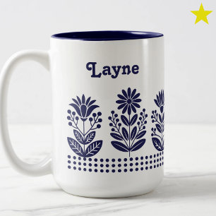 Modern Minimal Blue Folk Art Flowers Custom Name Two-Tone Coffee Mug