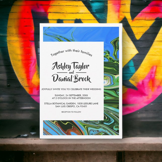 Modern Minimal Blue Green Abstract Artist Wedding Invitation (Creator Uploaded)