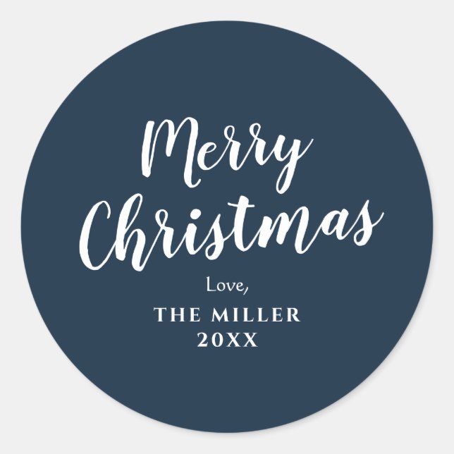 Modern Minimal Blue Merry Christmas Family Classic Classic Round Sticker (Front)