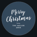 Modern Minimal Blue Merry Christmas Family Classic Round Sticker<br><div class="desc">Contact with me if you need help.</div>
