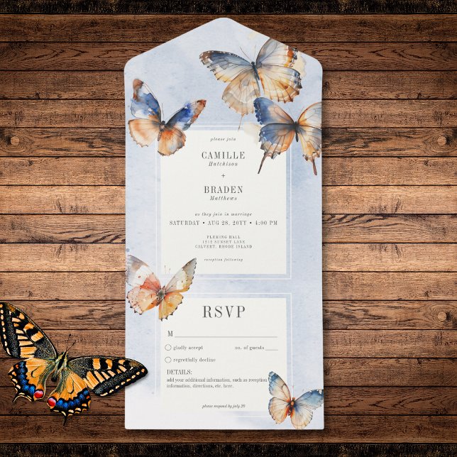 Modern Minimal Blue & Rust Butterflies No Dinner All In One Invitation (Modern Minimal Blue & Rust Butterflies No Dinner All In One Invitation)