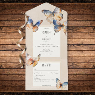 Modern Minimal Blue Rust Butterflies Tan No Dinner All In One Invitation