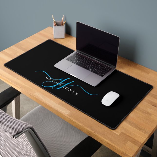Modern Minimal Blue Script Monogram Black Desk Mat (Office 2)