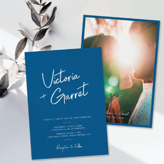 Modern Minimal Blue Script Photo Wedding Invitation