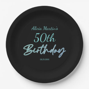 Modern & Minimal Blue Typography Black Birthday Paper Plate