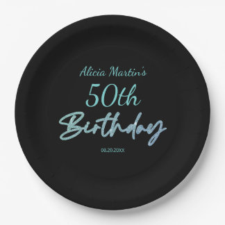 Modern & Minimal Blue Typography Black Birthday Paper Plate