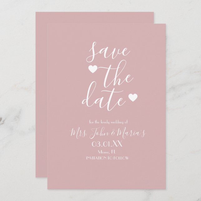 Modern Minimal Blush with Hearts Save the Date Invitation (Front/Back)