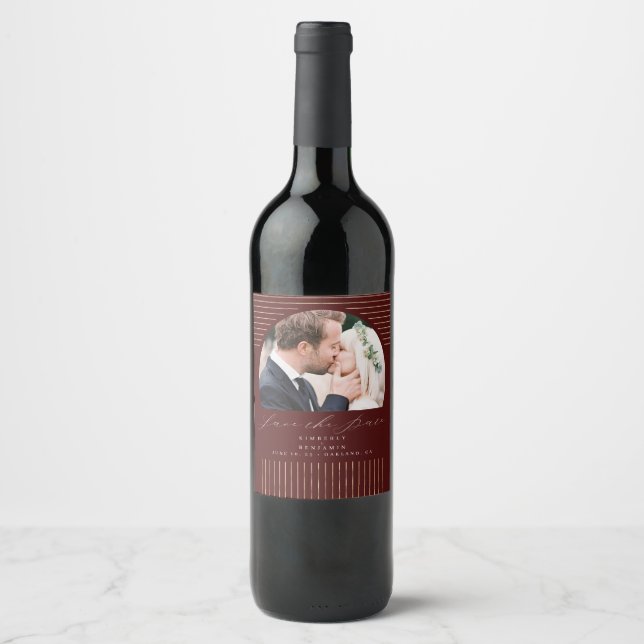 Modern Minimal Bohemian Save The Date Photo Wine L Wine Label (Front)