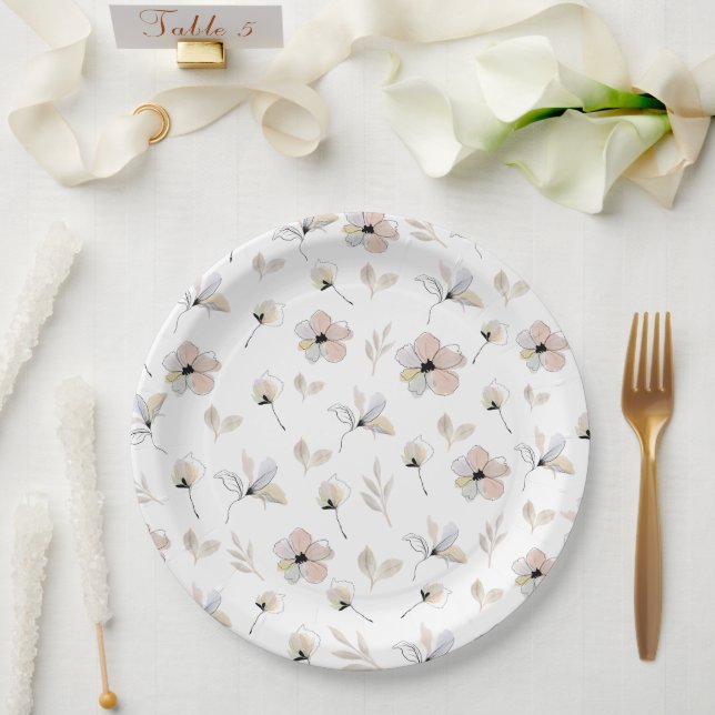 Modern Minimal Boho Floral Design Paper Plates (Wedding)
