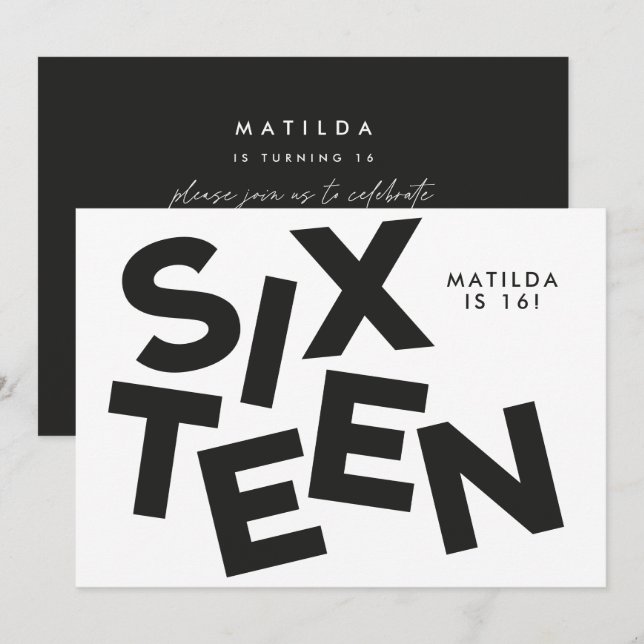 Modern minimal bold typography 16th birthday invitation (Front/Back)