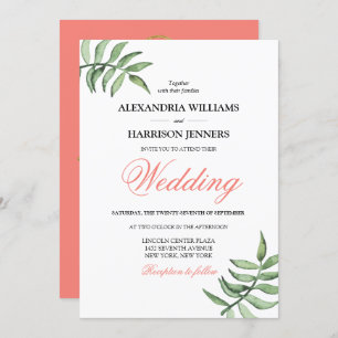 Modern Minimal Botanical Coral Green Wedding Invitation