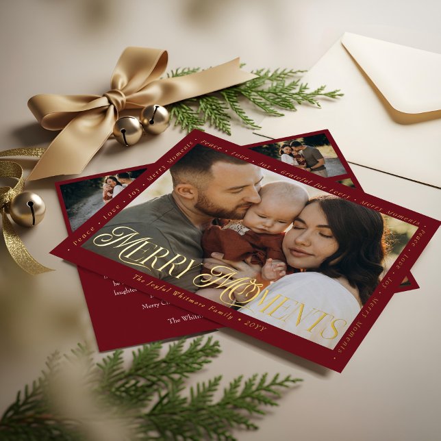 Modern Minimal Bow Merry Moments Photo Collage Foi Foil Holiday Card (Modern Minimal Bow Merry Moments Photo Collage Foil Holiday Card)