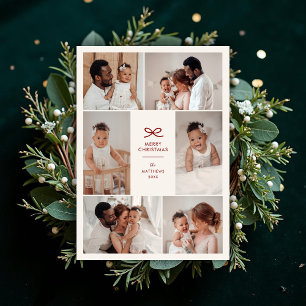 Modern Minimal Bow Six Photo Collage Christmas Holiday Card