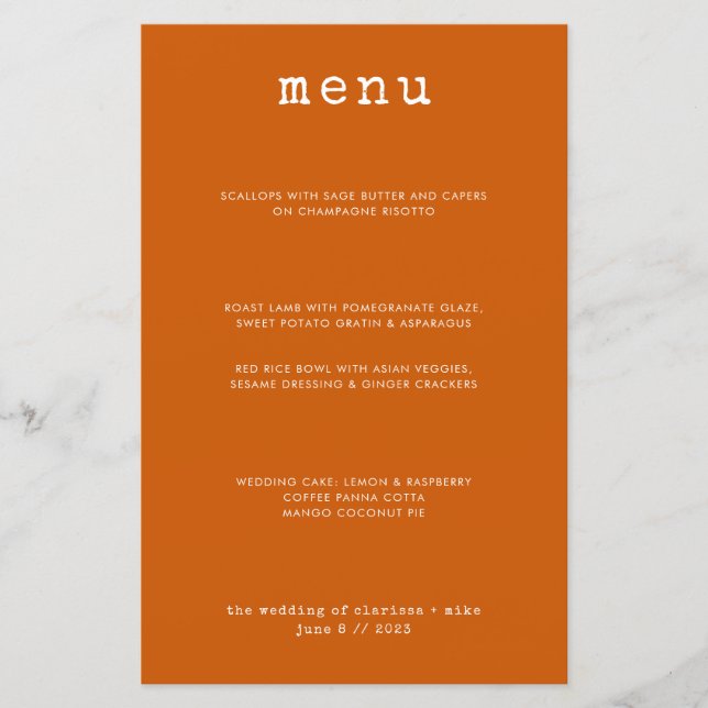 Modern Minimal Bright Burnt Orange Wedding Menu (Front)