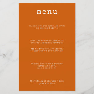Modern Minimal Bright Burnt Orange Wedding Menu