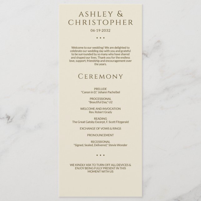 Modern Minimal Bronze & Gold Wedding Ceremony Program (Front)