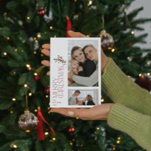 Modern Minimal Burgundy Merry Typography 2 Photo Holiday Card