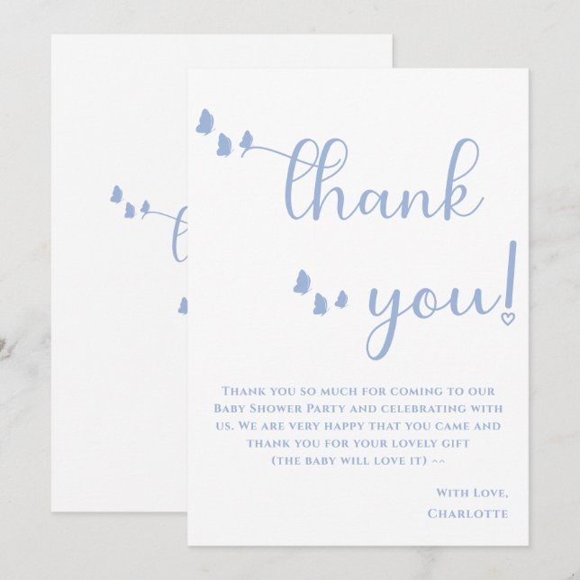 Modern Minimal Butterfly Calligraphy Baby Shower Thank You Card (Front/Back)