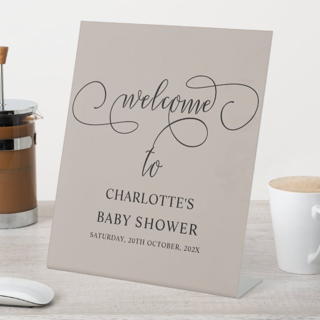 Modern Minimal Calligraphy Baby Shower Welcome Pedestal Sign (In SItu)