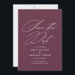 Modern Minimal Calligraphy Burgundy Wedding Save The Date<br><div class="desc">Announce the good news in style with this elegant save the date card featuring elegant calligraphy. The reverse side features more room for any additional details you may wish to provide to your guests.</div>