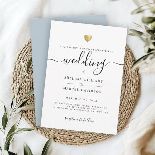 Modern Minimal Calligraphy Gold Dusty Blue Wedding Invitation