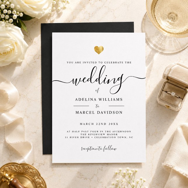 Modern Minimal Calligraphy Gold Heart Wedding Invitation (Creator Uploaded)