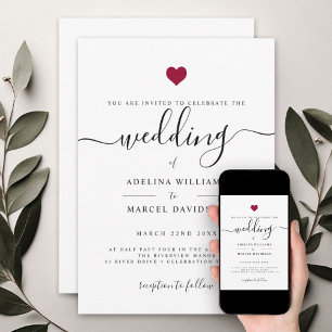 Modern Minimal Calligraphy Red Heart Wedding Invitation