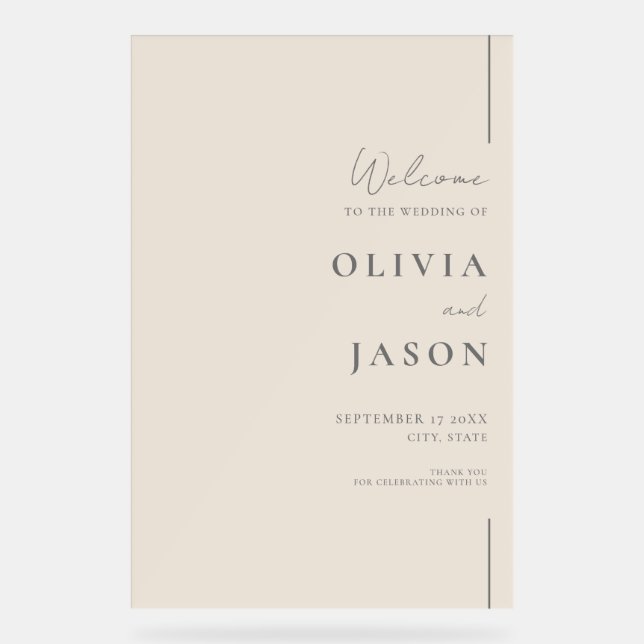 Modern Minimal Champagne Wedding Welcome Acrylic Sign (Front)