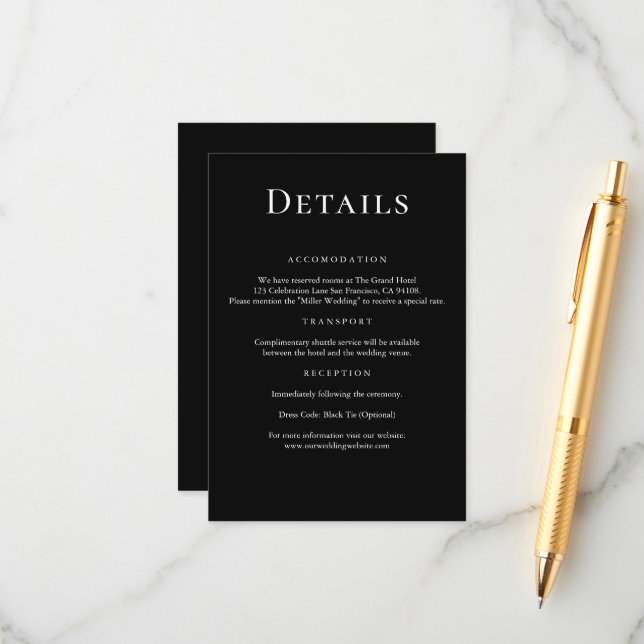 Modern Minimal Chic Black Wedding Details Enclosure Card (Front/Back In Situ)