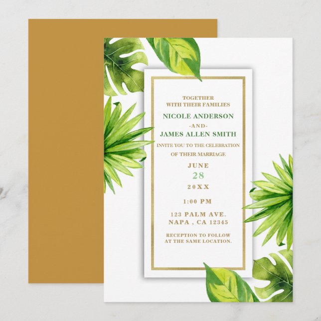 Modern Minimal Chic Tropical Green Leaves Wedding Invitation (Front/Back)