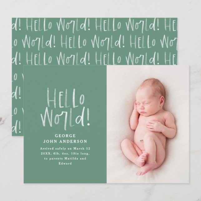 Modern minimal chic typography green photo birth announcement (Front/Back)
